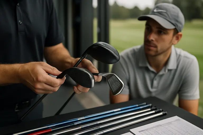 Fitter comparing golf clubs beside a launch monitor and hitting mat