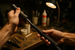Golf Club Maintenance setup with towel, brush, irons, and wedges on a workbench