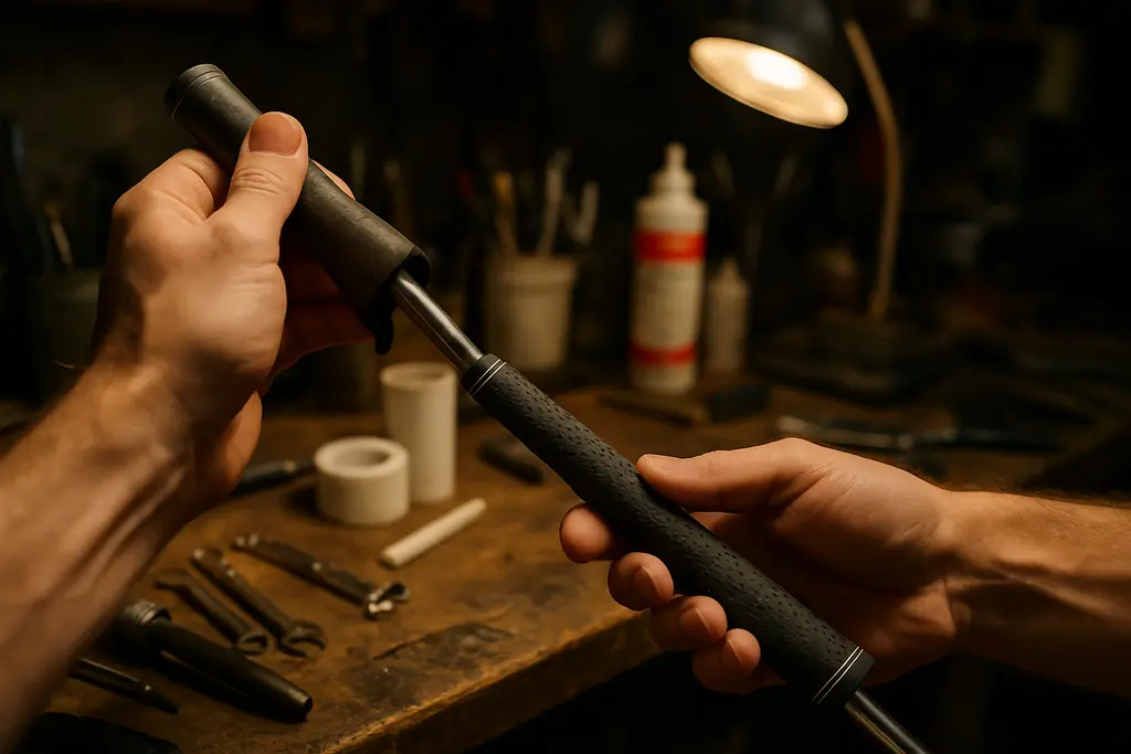 Golf Club Maintenance setup with towel, brush, irons, and wedges on a workbench