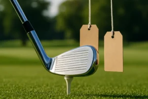 Golf equipment pricing discussion with clubs and a fitting monitor in a shop