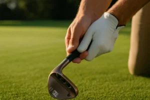 Hi-Toe 5 wedges on a fitting bench beside range balls