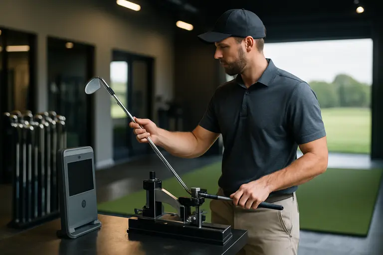 Iron placed in a loft and lie machine inside a golf shop