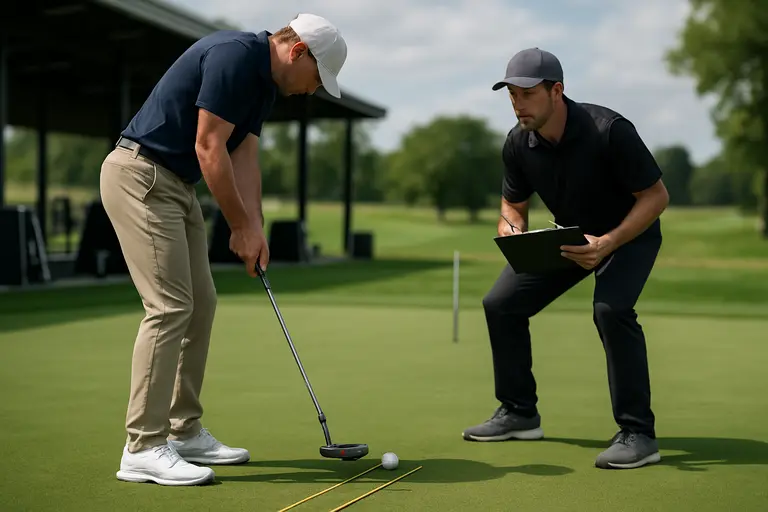 Launch monitor and putter beside several balls on an indoor green