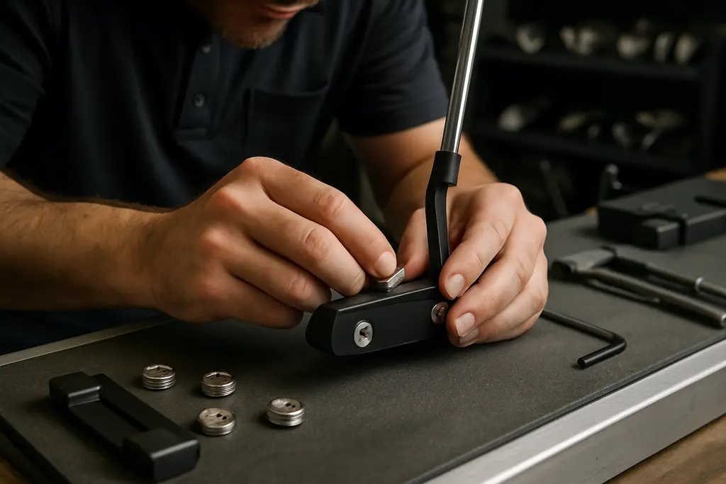 Golfer testing a modular putter design on an indoor putting green