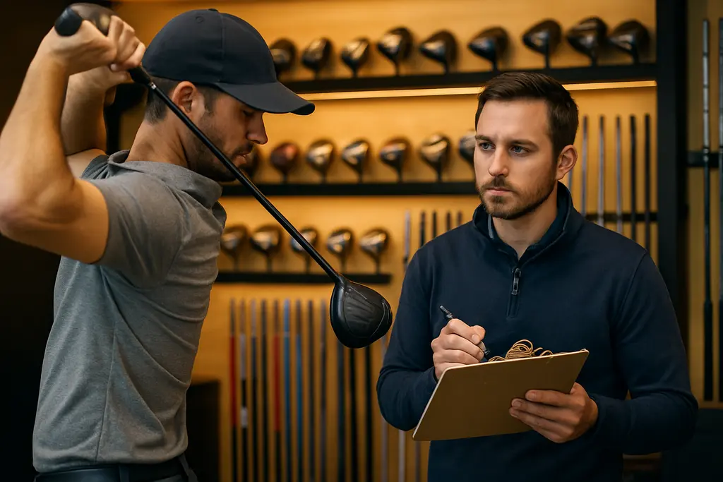 premium club fitting bay with a launch monitor and golf bag